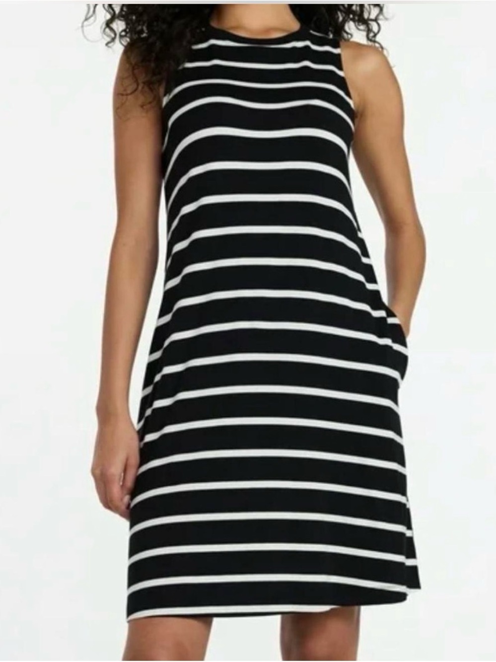 NWT Time & Tru Black & White Stripe Sleeveless Slipon stretchy Dress SZ L(12-14)